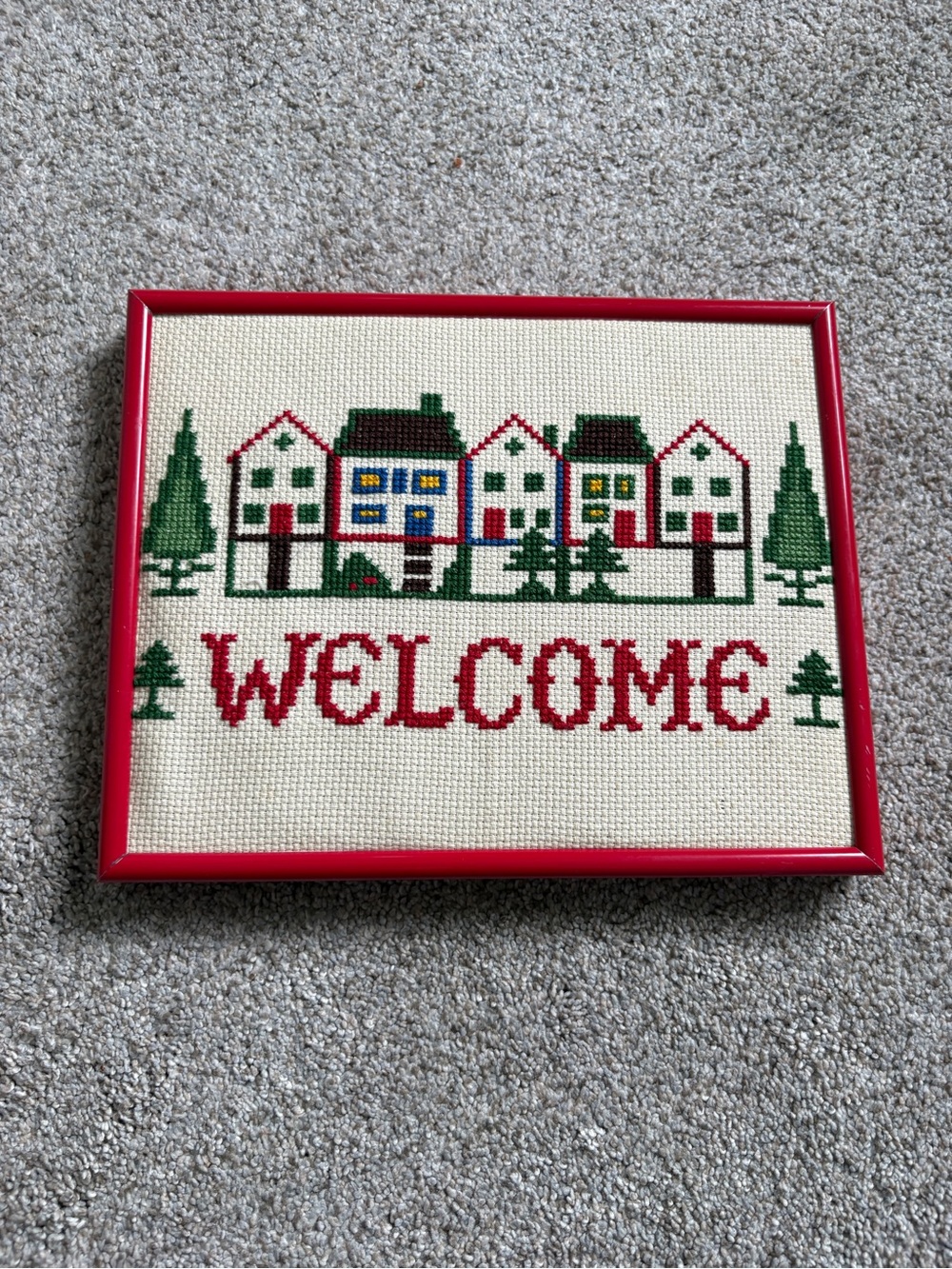 Vintage Cross-stitch Welcome Sign Handmade Red Frame Cottage-core